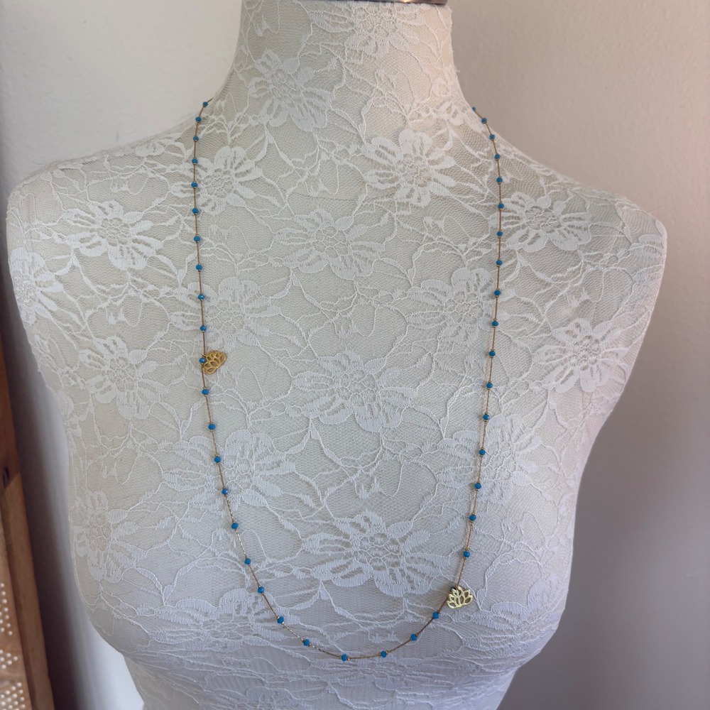 Les Cleias Gold Tone Necklace Lotus Flower Boho Blue Bead